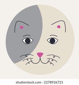 Mascot design, feline face. Funny avatar, abstract cat portrait with black eyes. Emoji icon, cute figure, colorful character. Isolated on white
