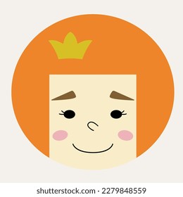 Mascot design, female appearance. Funny icon, pretty girlish face with crown. Flat cartoon character, cute sticker, creative shape. Isolated on white
