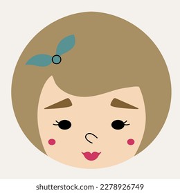 Mascot design, female face. Facial expression, beautiful girlish face with hair decor. Cute shape, creative character, cartoon style. Isolated on white
