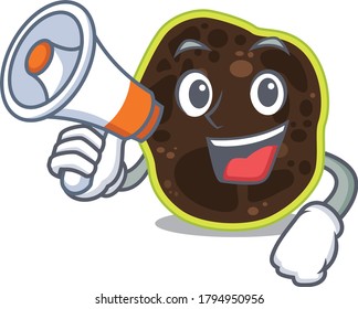 Mascot design of firmicutes announcing new products on a megaphone