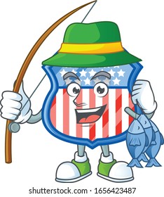 A mascot design of Fishing shield badges USA with 3 fishes