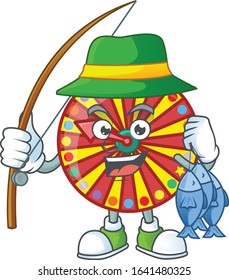 A mascot design of Fishing wheel fortune with 3 fishes