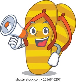 Mascot design of flip flops announcing new products on a megaphone