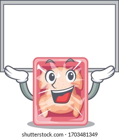 Mascot design of frozen chicken lift up a board