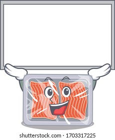 Mascot design of frozen salmon lift up a board