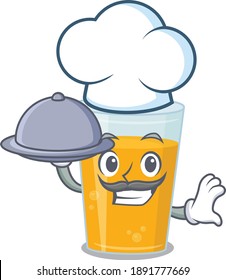 mascot design of glass of orange juice chef serving food on tray. Vector illustration