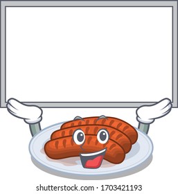 Mascot design of grilled sausage lift up a board