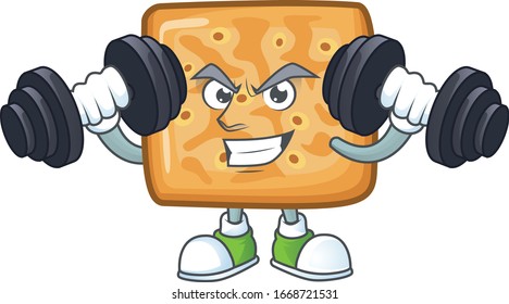 Mascot design of grinning Fitness exercise crackers lift up barbells