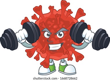 Mascot design of grinning Fitness exercise red corona virus lift up barbells