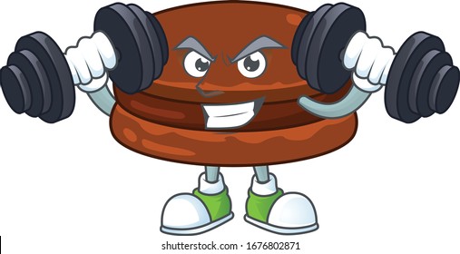 Mascot design of grinning Fitness exercise chocolate alfajor lift up barbells