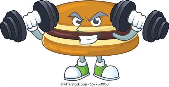 Mascot design of grinning Fitness exercise dorayaki lift up barbells