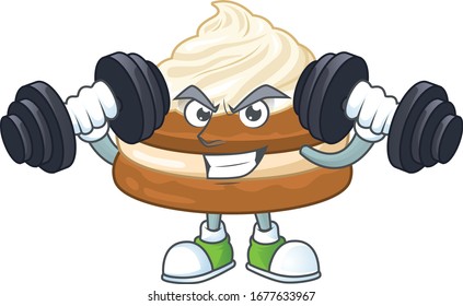 Mascot design of grinning Fitness exercise white cream alfajor lift up barbells