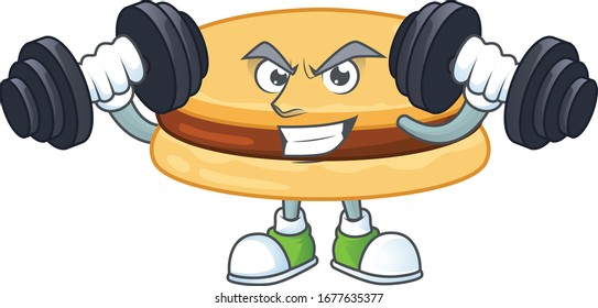 Mascot design of grinning Fitness exercise brown alfajor lift up barbells