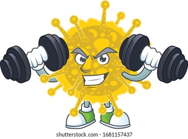 Mascot design of grinning Fitness exercise coronavirus pandemic lift up barbells