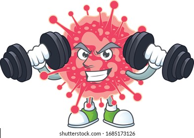 Mascot design of grinning Fitness exercise coronavirus emergency lift up barbells