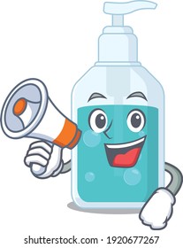 Mascot design of hand sanitizer announcing new products on a megaphone