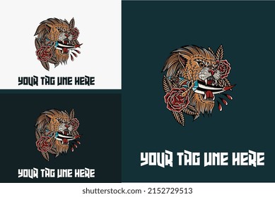 mascot design of head lion and flower vector