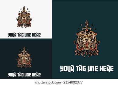 mascot design of head tiger and red rose vector