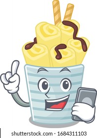 Mascot design of ice cream banana rolls speaking on phone