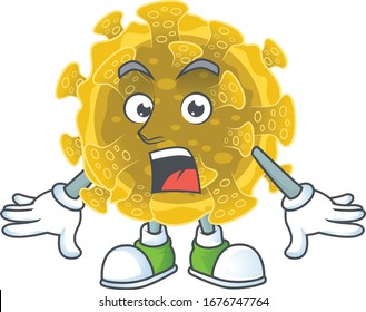 A mascot design of infectious coronavirus making a surprised gesture