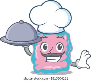 diseño de mascota del chef del intestino que sirve comida en la bandeja