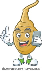 Mascot design of jerusalem artichoke speaking on the phone