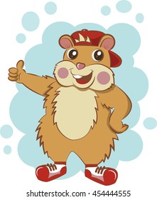 Mascot design for kids,educational and entertaining character.baby food mascot-hamster or a guinea pig on the background of clouds in a suit - a cap and sneakers- shows Like.