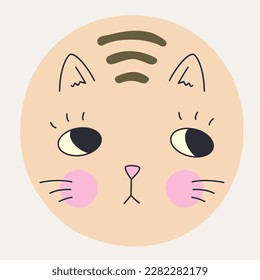 Mascot design, kitten portrait. Flat avatar, pink cat with black eyes. Cartoon style, vector character, funny icon. Isolated on white
