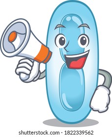 Mascot design of klebsiella pneumoniae announcing new products on a megaphone