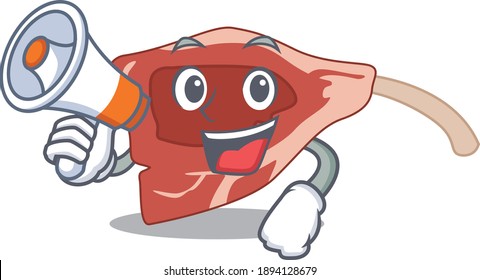 Mascot design of lamb chop announcing new products on a megaphone. Vector illustration