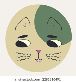 Mascot design, learning concept. Social network, fluffy cat with black eyes. Funny illustration, cute face, drawing character. Isolated on white
