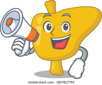 Mascot design of liver announcing new products on a megaphone
