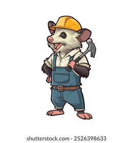 Mascot design of an Opossum Handyman Holding a Roofing Hammer