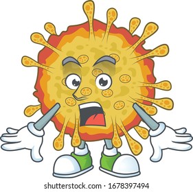 A mascot design of outbreaks coronavirus making a surprised gesture