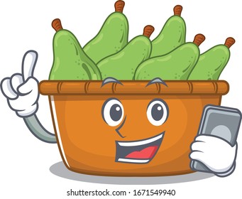 Mascot design of pear fruit box speaking on phone