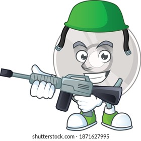 A mascot design picture of compact disk as a dedicated Army using automatic gun. Vector illustration