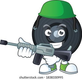 A Mascot Design Picture Of Music Viynl Disc As A Dedicated Army Using Automatic Gun. Vector Illustration