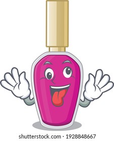 A mascot design of pink nail polish having a funny crazy face. Vector illustration