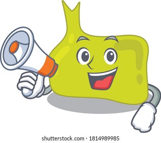 Mascot design of pituitary announcing new products on a megaphone