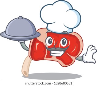 diseño de mascota del chef de la costilla principal que sirve comida en la bandeja