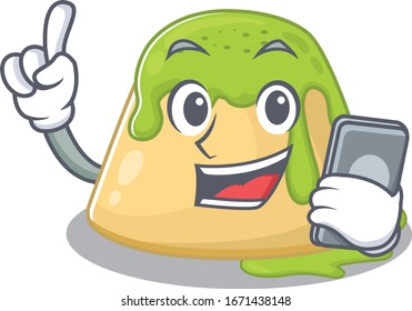 Mascot design of pudding green tea speaking on phone