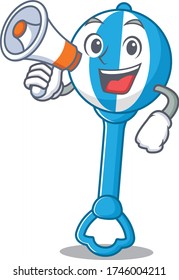 Mascot design of rattle toy announcing new products on a megaphone