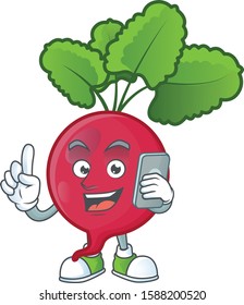 Mascot design of red radish speaking on the phone