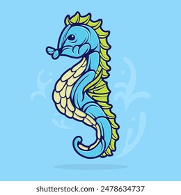 mascot design of sea horse swimming in the ocean