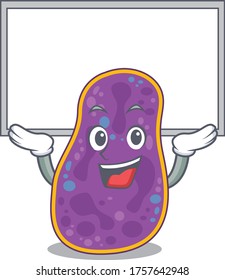 Mascot design of shigella sp. bacteria lift up a board
