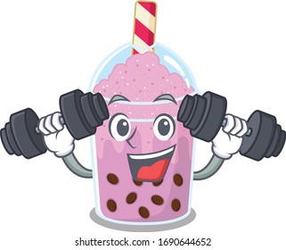 Mascot design of smiling Fitness exercise taro bubble tea lift up barbells