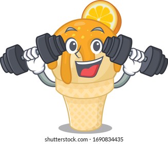 Mascot design of smiling Fitness exercise orange ice cream lift up barbells