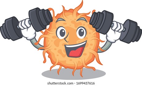 Mascot design of smiling Fitness exercise bacteria endospore lift up barbells