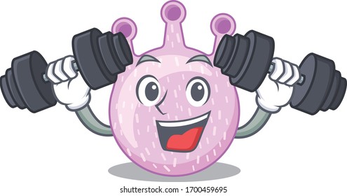 Mascot design of smiling Fitness exercise viridans streptococci lift up barbells