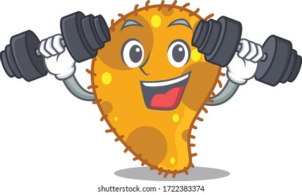 Mascot design of smiling Fitness exercise pseudomonas lift up barbells